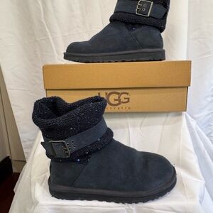 UGG Navy Knit Buckle Boots